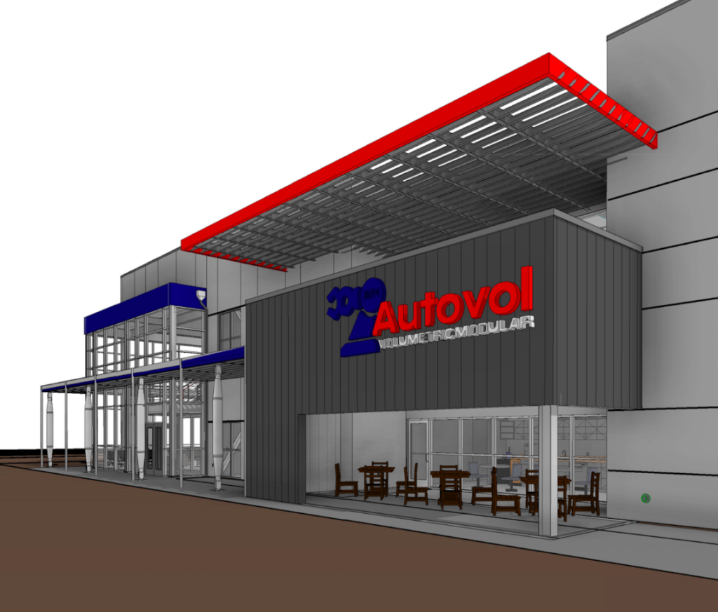 Modern building with large glass entrance and red "Autovol" sign. Outdoor seating with tables and chairs visible on the patio.