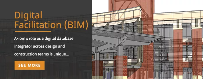 Promotional graphic for digital facilitation (BIM), featuring a 3D architectural model with rendered building elements and text explaining integration in design and construction teams.