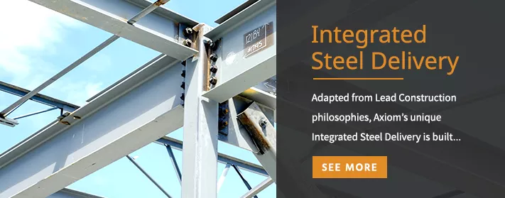 Steel beams intersect under a clear sky. Text describes "Integrated Steel Delivery" concepts, emphasizing construction efficiency. Button labeled "SEE MORE" invites further exploration.