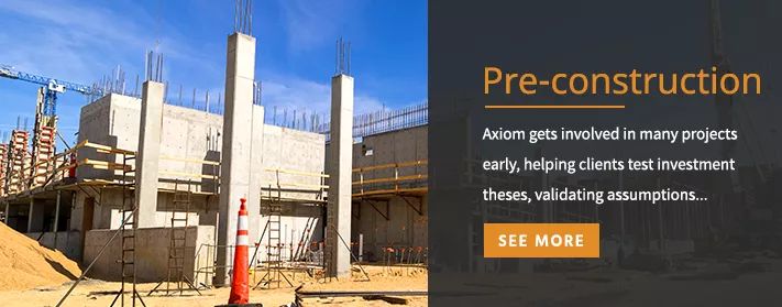 Construction site with concrete structures, cranes, and equipment. A person is working nearby. Text about pre-construction services, offering project involvement and client assistance.