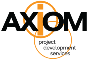 The image is a logo with "AXIOM" in bold black letters, featuring an orange circle and the text "project development services" below.