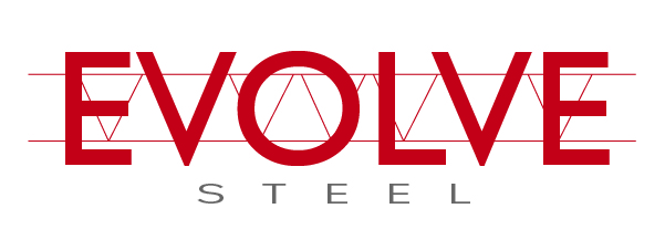 The image features a logo with the words "EVOLVE STEEL" in bold red and black lettering, incorporating geometric design elements.