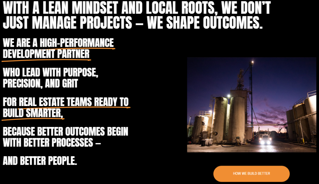 Text emphasizes high-performance development, building smarter for real estate teams. Image shows industrial site at dusk with tanks and machinery.